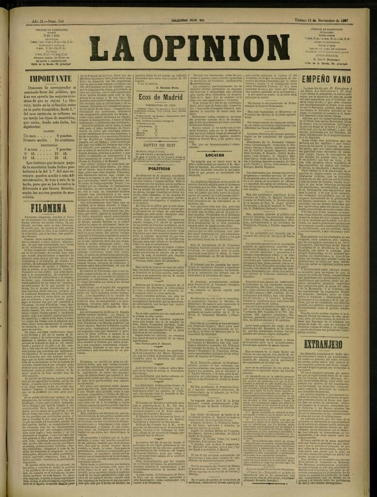 Miniatura de La Opinión del 11 de noviembre de 1887, nº 544