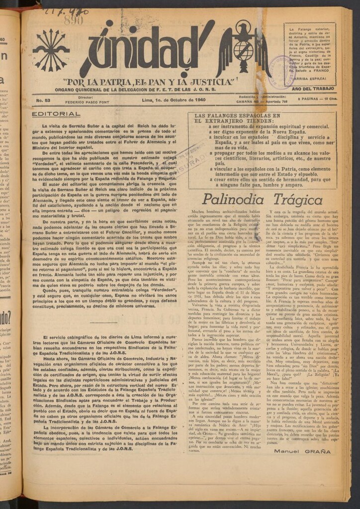 Miniatura de ¡Unidad! : órgano quincenal de la delegación de F.E.T. de las J.O.N.S. del 1 de octubre de 1940
