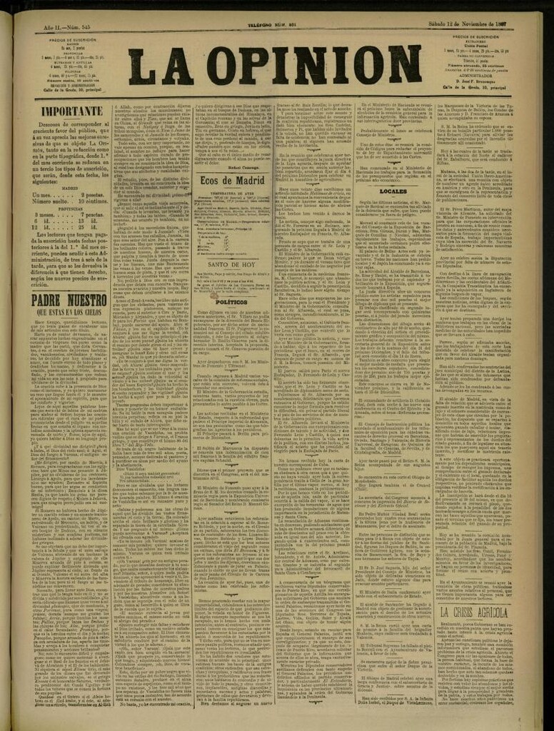Miniatura de La Opinión del 12 de noviembre de 1887, nº 545