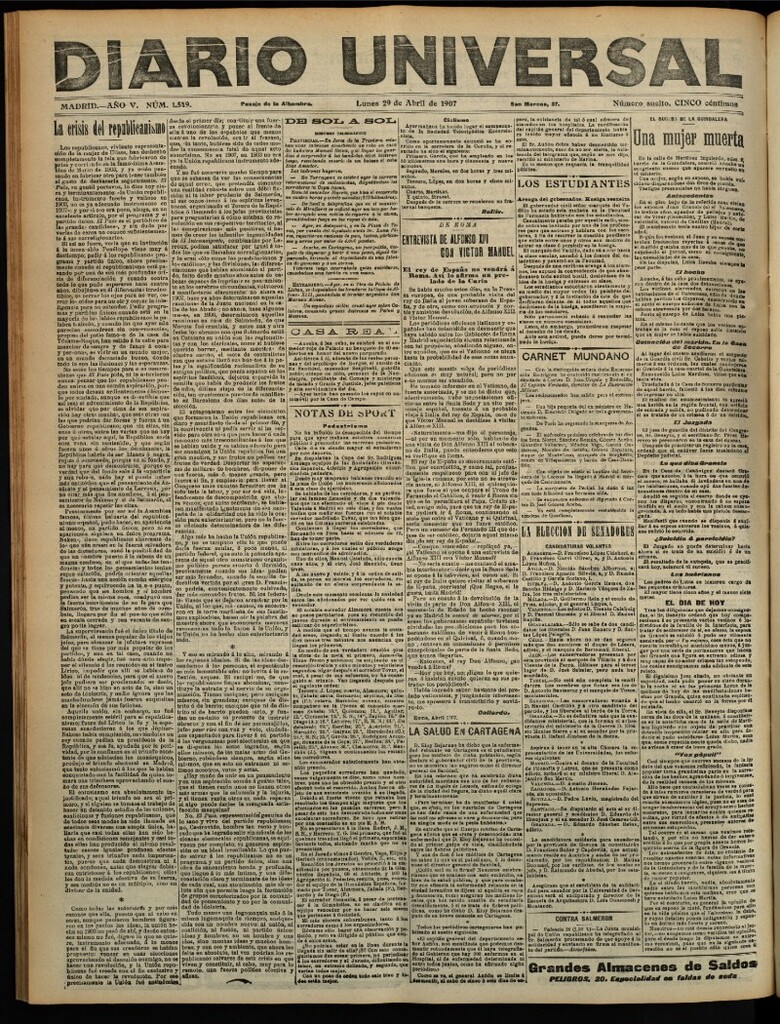 Miniatura de Diario Universal del 29 de abril de 1907, edición de tarde