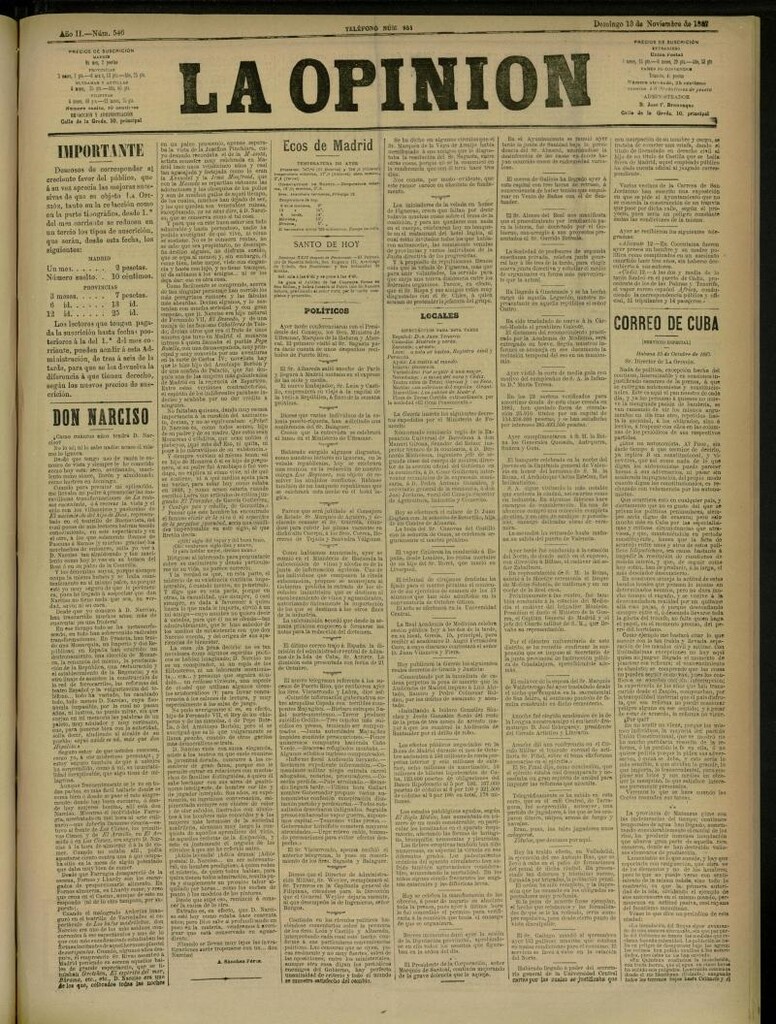 Miniatura de La Opinión del 13 de noviembre de 1887, nº 546