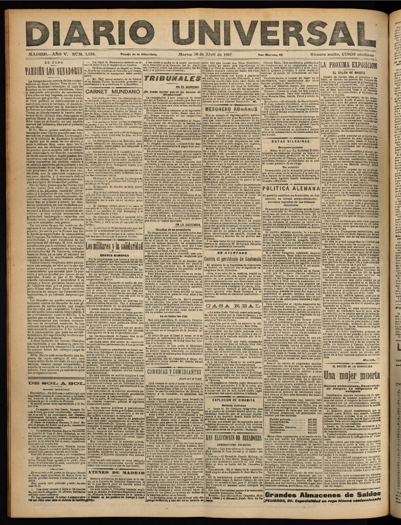 Miniatura de Diario Universal del 30 de abril de 1907, edición de noche