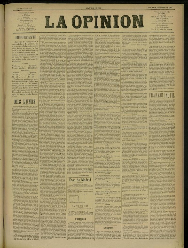 Miniatura de La Opinión del 14 de noviembre de 1887, nº 547