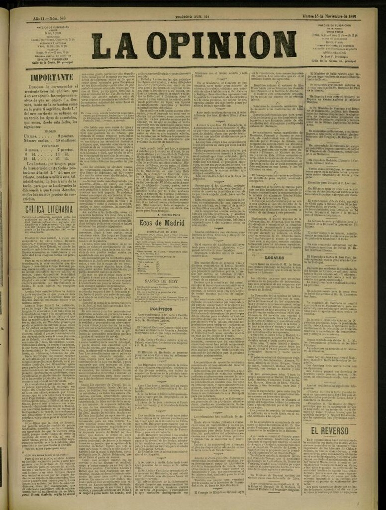 Miniatura de La Opinión del 15 de noviembre de 1887, nº 548
