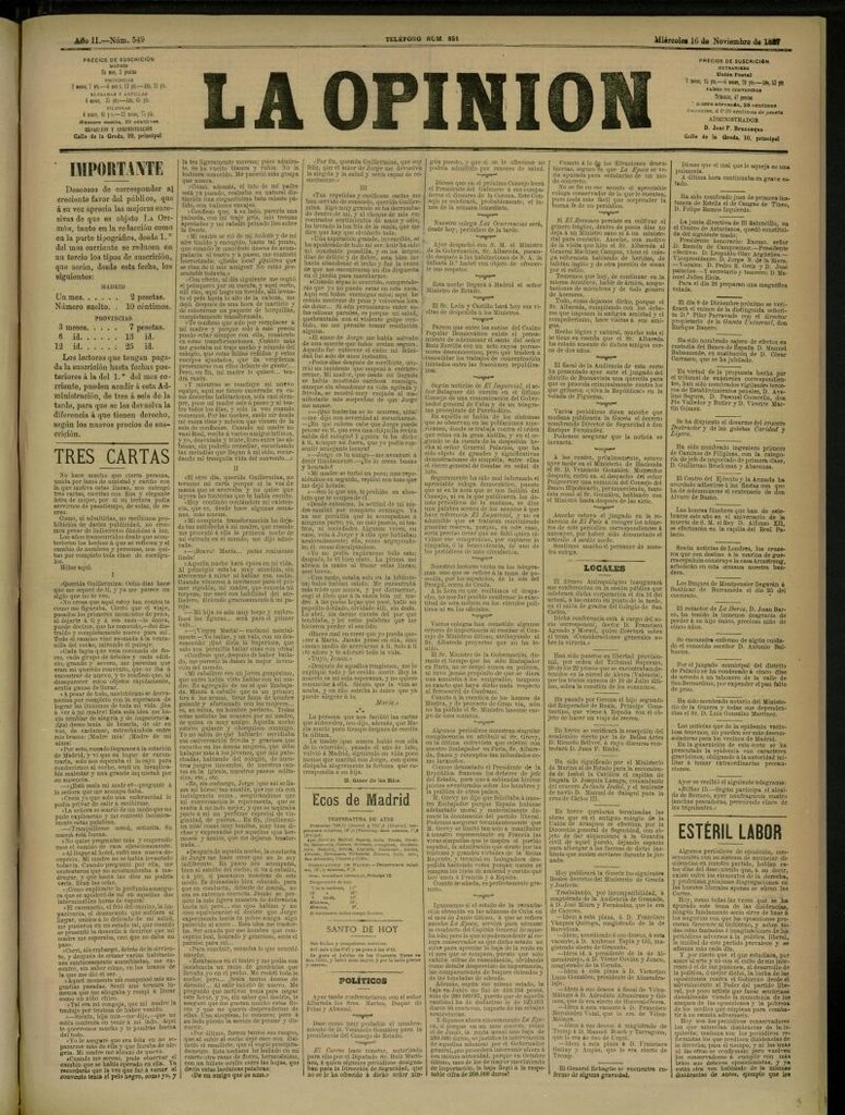 Miniatura de La Opinión del 16 de noviembre de 1887, nº 549