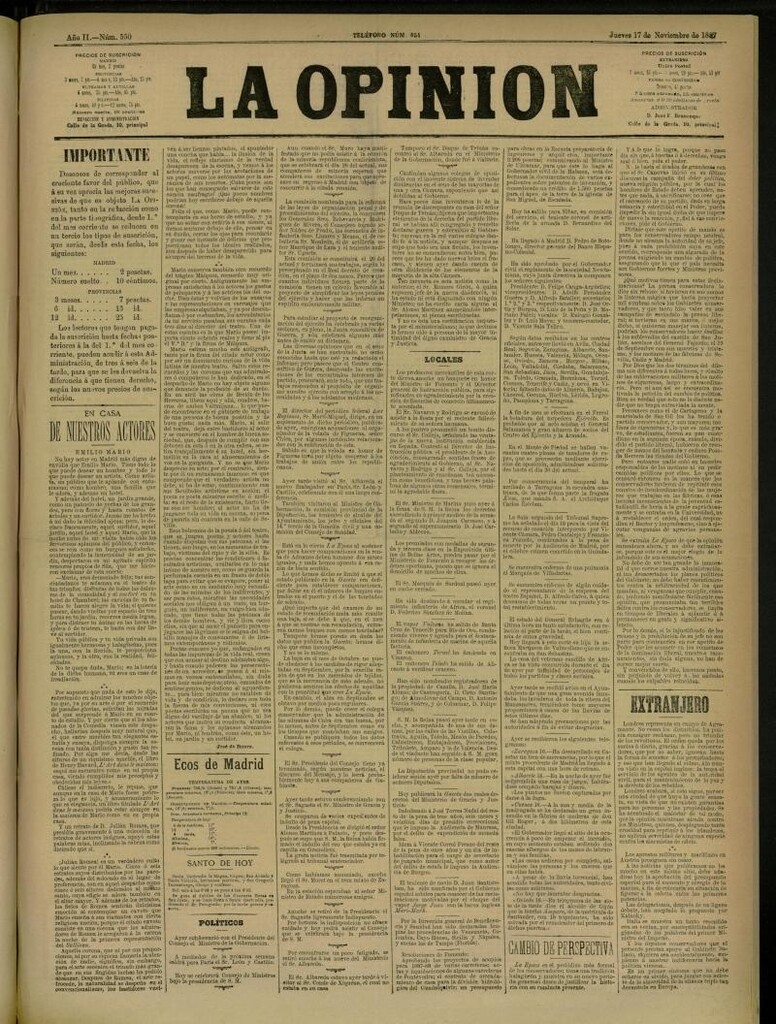 Miniatura de La Opinión del 17 de noviembre de 1887, nº 550