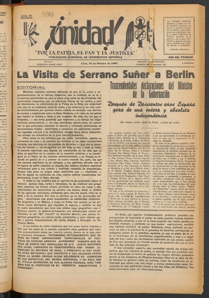 Miniatura de ¡Unidad! : órgano quincenal de la delegación de F.E.T. de las J.O.N.S. del 15 de octubre de 1940