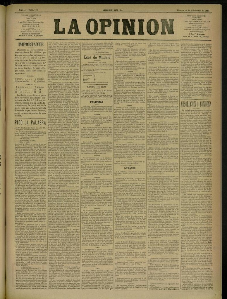 Miniatura de La Opinión del 18 de noviembre de 1887, nº 551