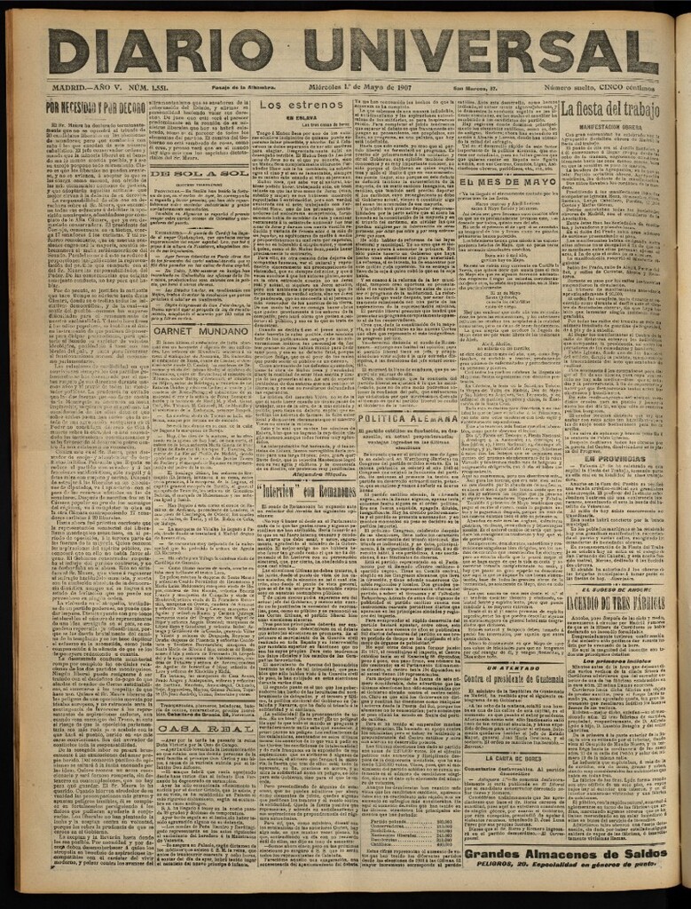 Miniatura de Diario Universal del 1 de mayo de 1907, edición de tarde