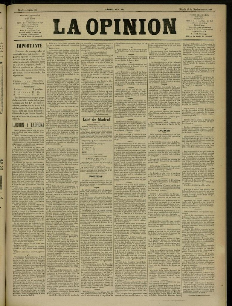 Miniatura de La Opinión del 19 de noviembre de 1887, nº 552