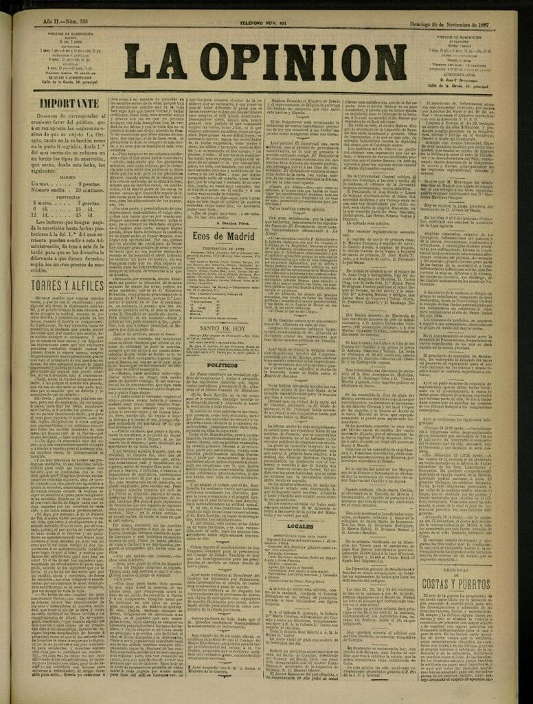 Miniatura de La Opinión del 20 de noviembre de 1887, nº 553