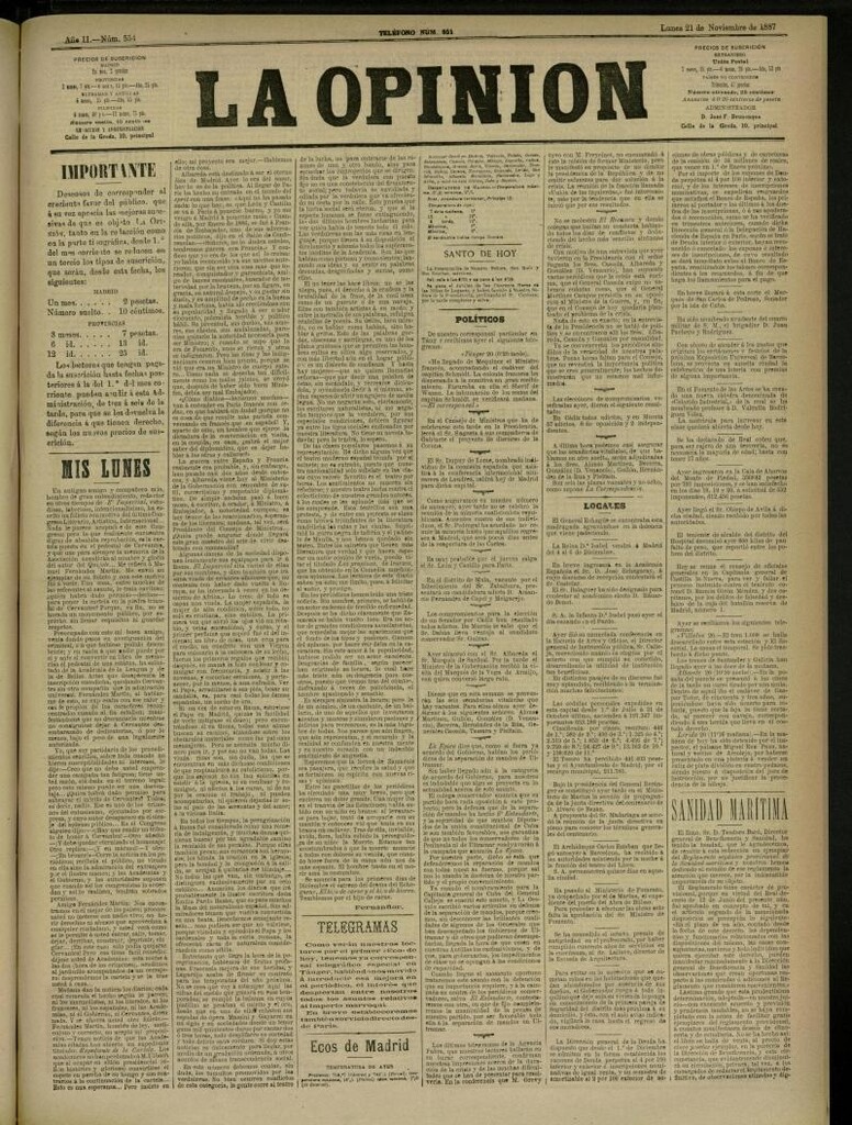 Miniatura de La Opinión del 21 de noviembre de 1887, nº 554