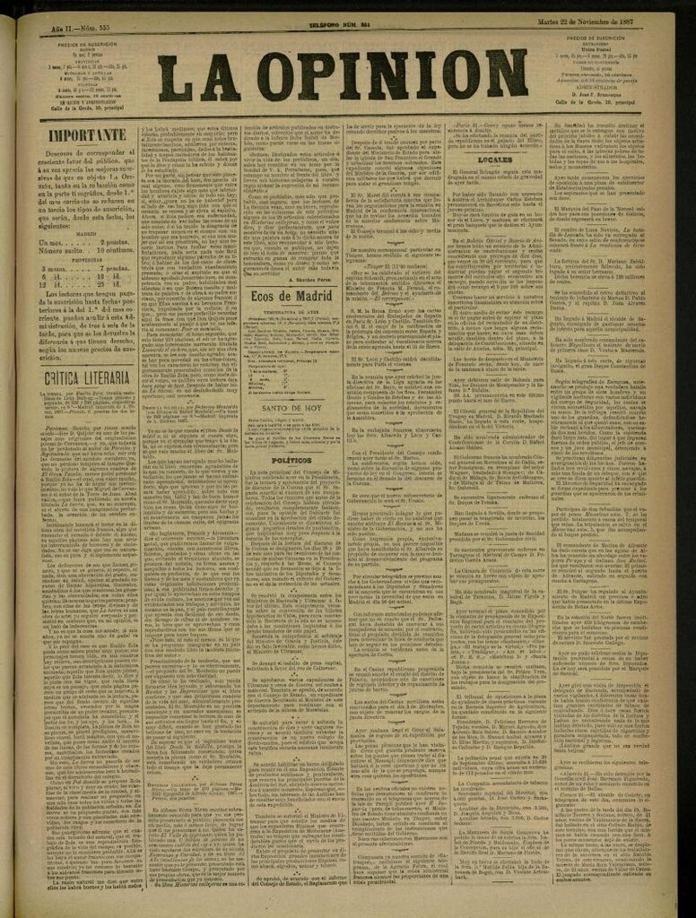 Miniatura de La Opinión del 22 de noviembre de 1887, nº 555