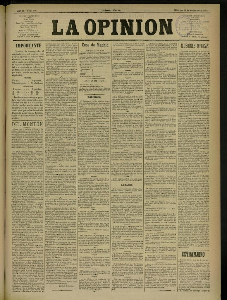 Miniatura de La Opinión del 23 de noviembre de 1887, nº 556