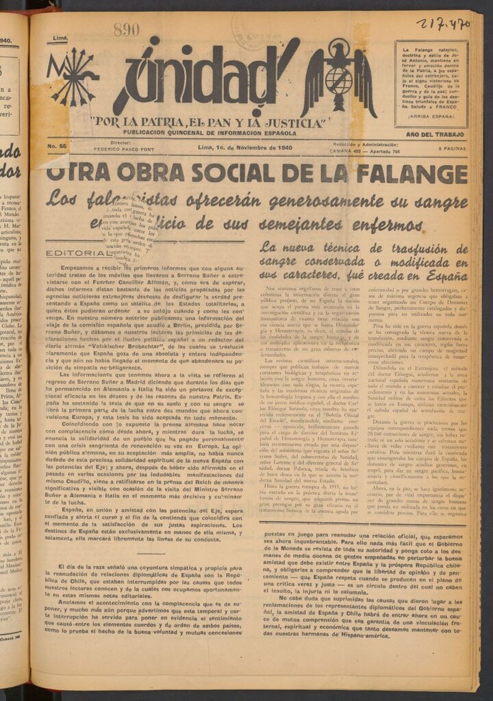 Miniatura de ¡Unidad! : órgano quincenal de la delegación de F.E.T. de las J.O.N.S. del 1 de noviembre de 1940