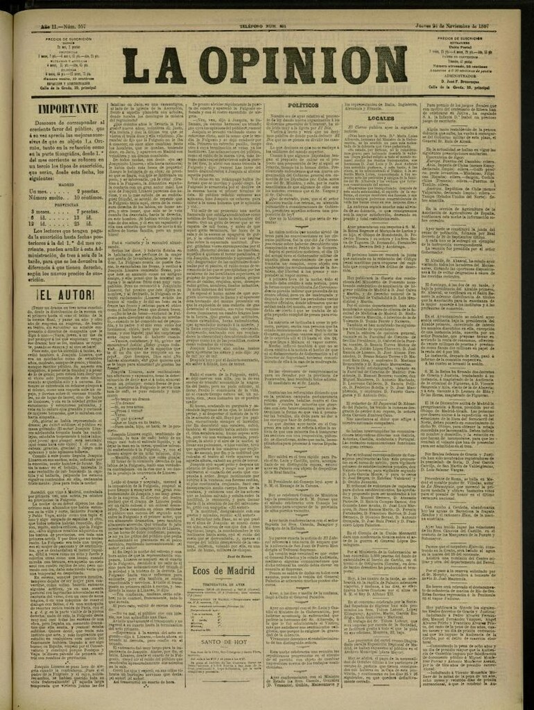Miniatura de La Opinión del 24 de noviembre de 1887, nº 557