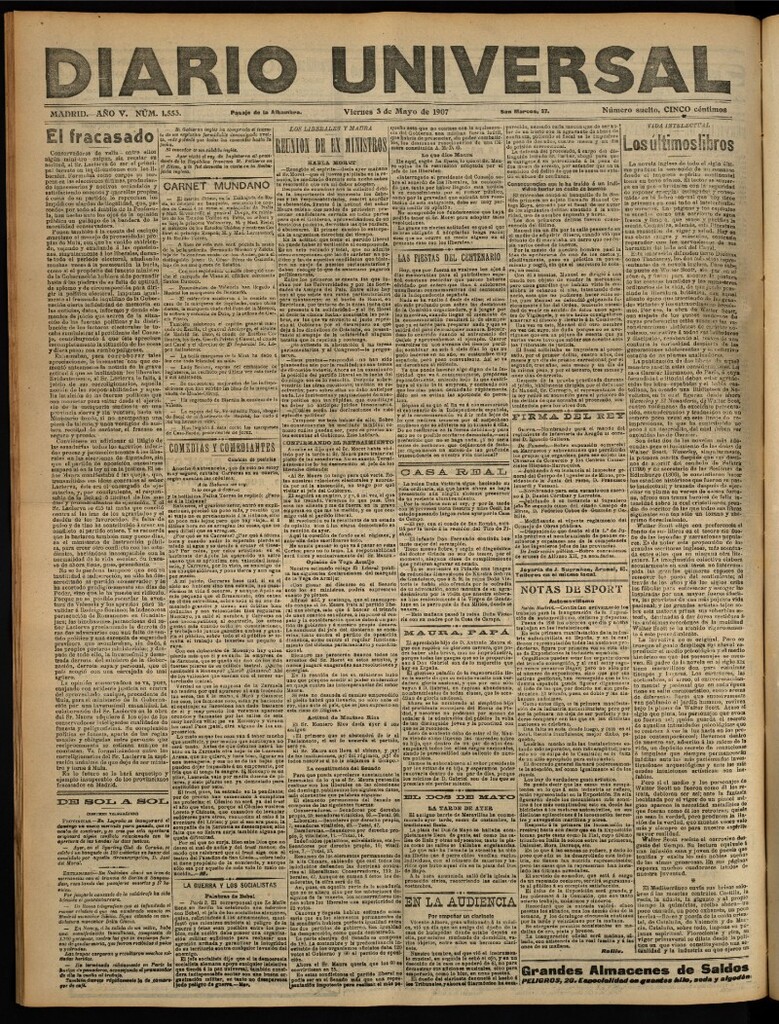 Miniatura de Diario Universal del 3 de mayo de 1907, edición de tarde