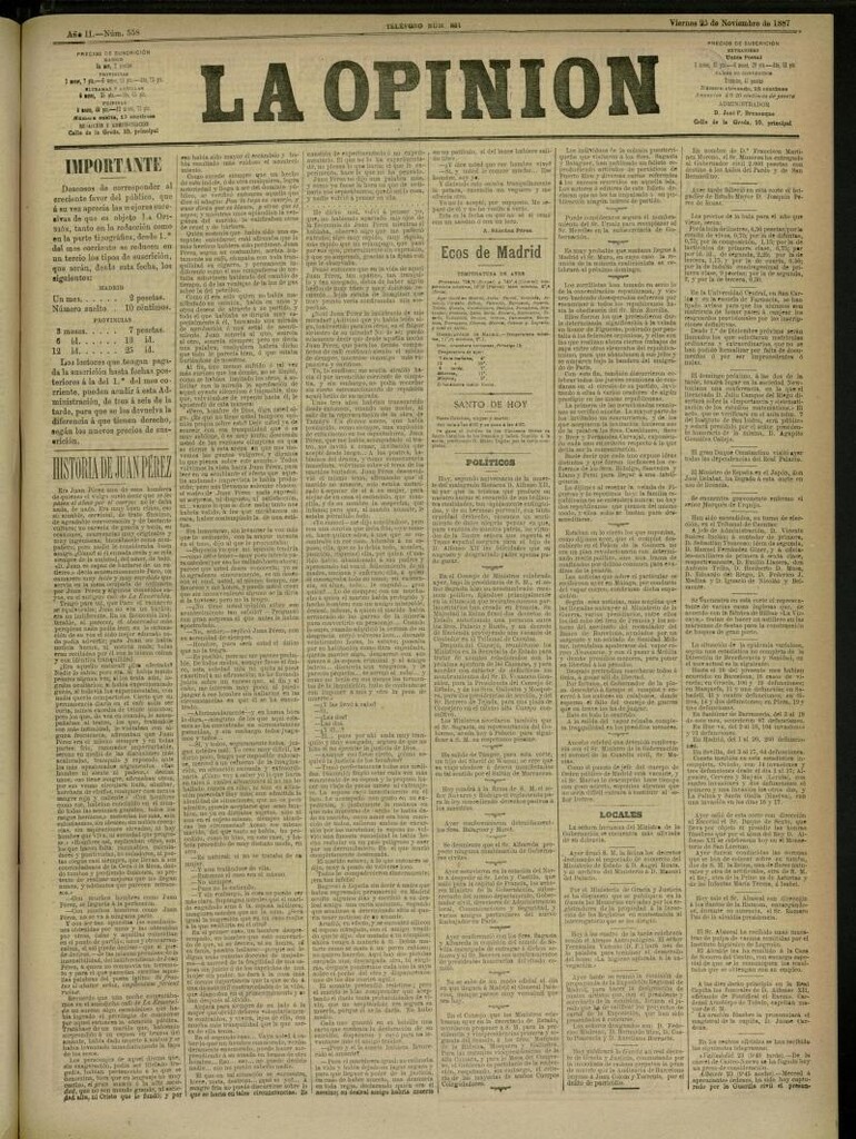 Miniatura de La Opinión del 25 de noviembre de 1887, nº 558