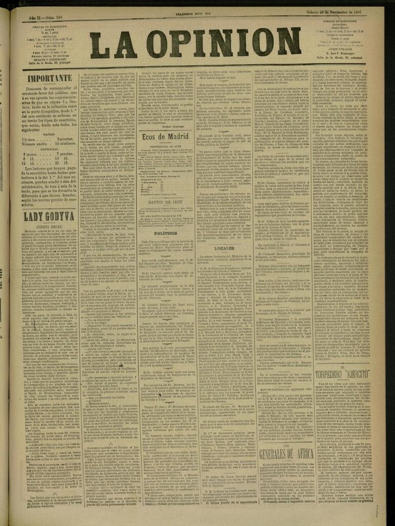 Miniatura de La Opinión del 26 de noviembre de 1887, nº 559