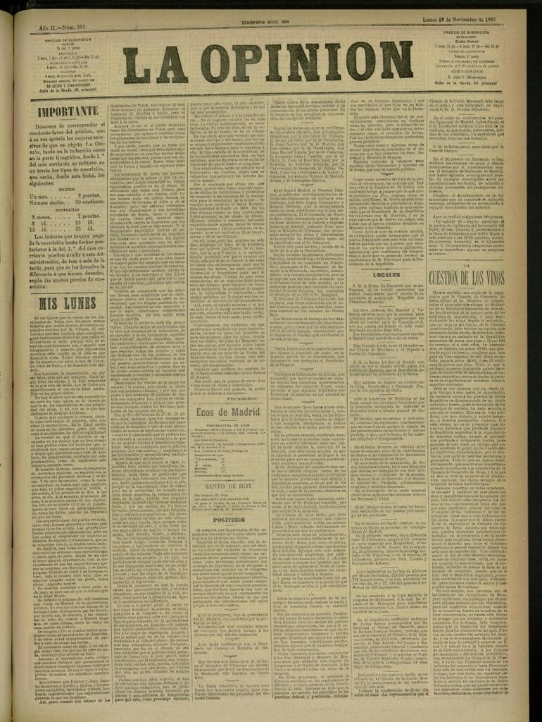 Miniatura de La Opinión del 28 de noviembre de 1887, nº 561