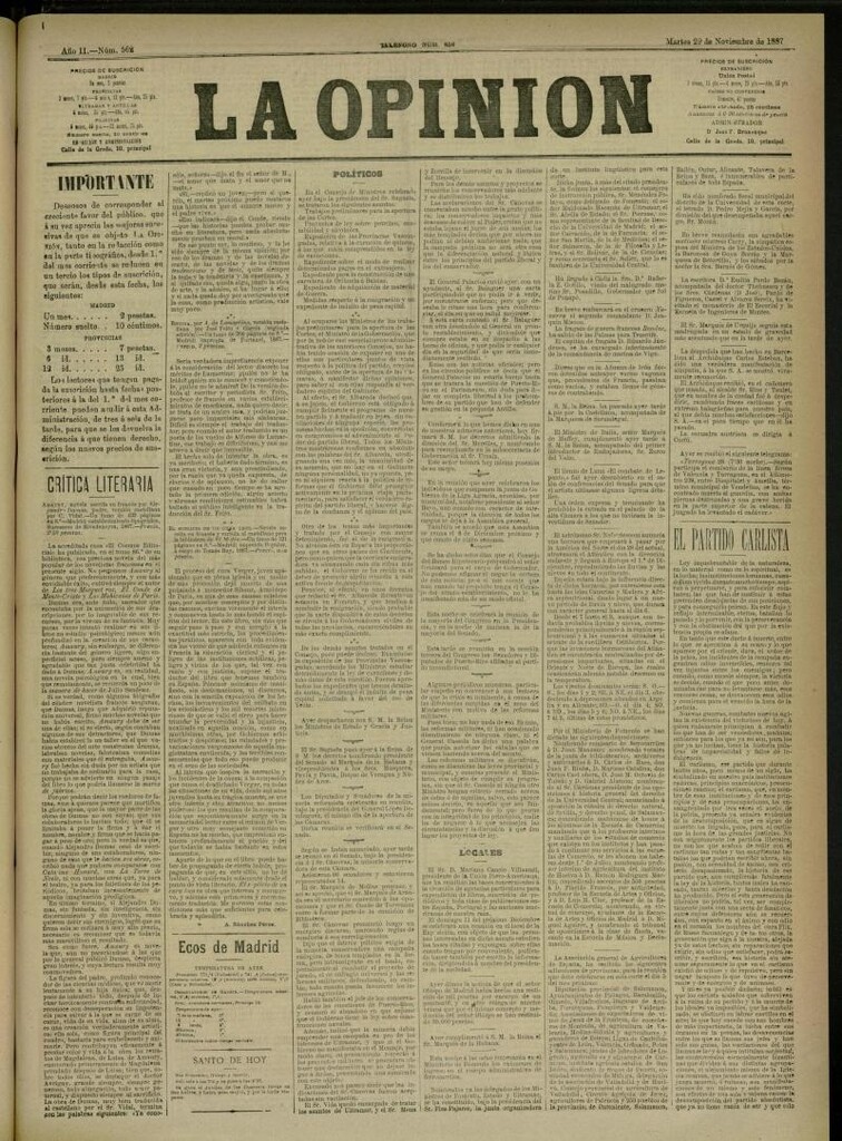 Miniatura de La Opinión del 29 de noviembre de 1887, nº 562