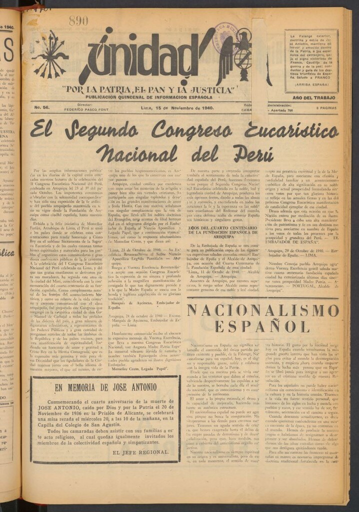 Miniatura de ¡Unidad! : órgano quincenal de la delegación de F.E.T. de las J.O.N.S. del 15 de noviembre de 1940