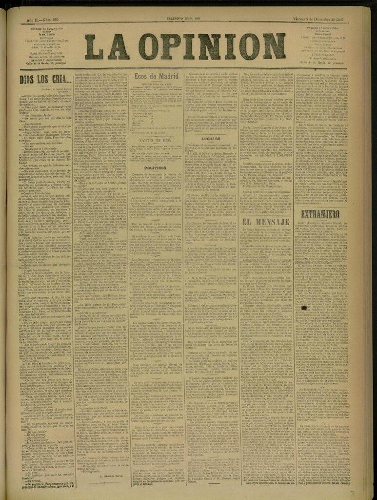 Miniatura de La Opinión del 2 de diciembre de 1887, nº 565