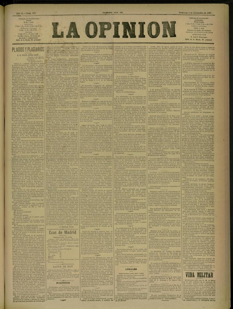 Miniatura de La Opinión del 4 de diciembre de 1887, nº 567