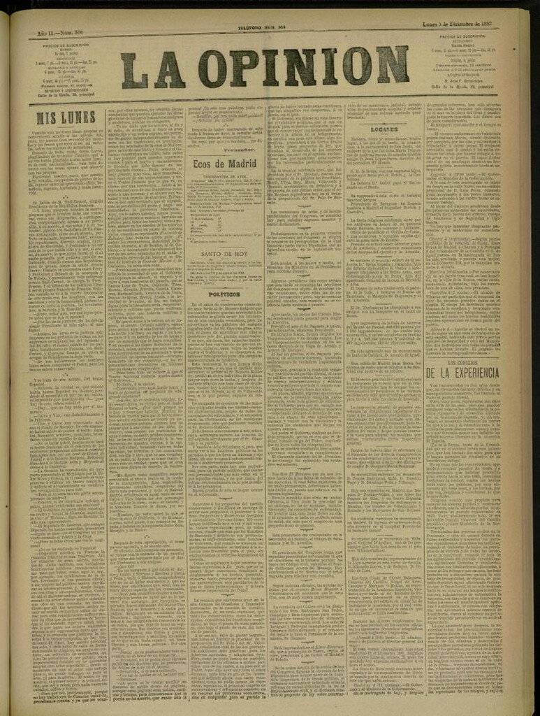 Miniatura de La Opinión del 5 de diciembre de 1887, nº 568