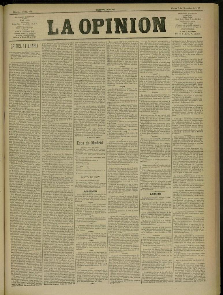 Miniatura de La Opinión del 6 de diciembre de 1887, nº 569