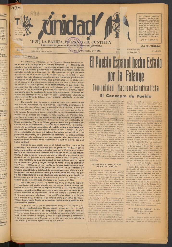 Miniatura de ¡Unidad! : órgano quincenal de la delegación de F.E.T. de las J.O.N.S. del 1 de diciembre de 1940