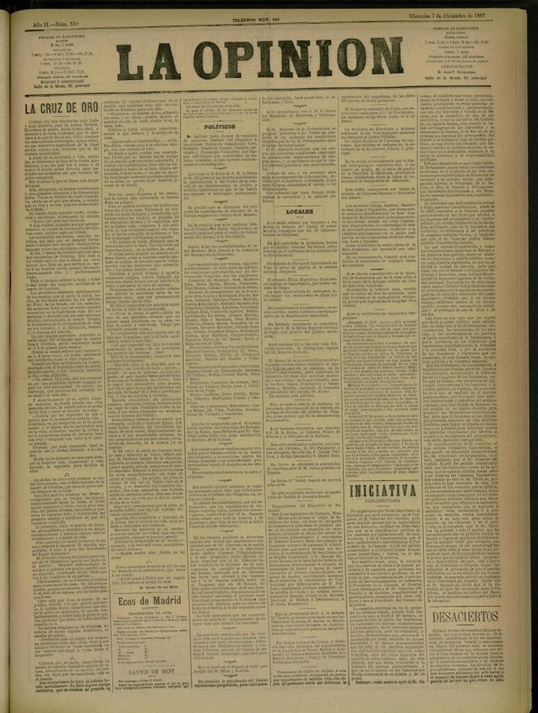 Miniatura de La Opinión del 7 de diciembre de 1887, nº 570