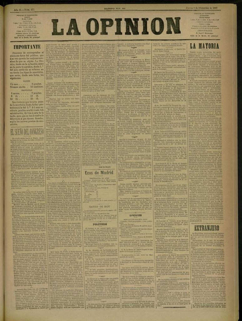 Miniatura de La Opinión del 8 de diciembre de 1887, nº 571