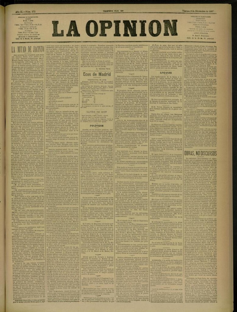 Miniatura de La Opinión del 9 de diciembre de 1887, nº 572
