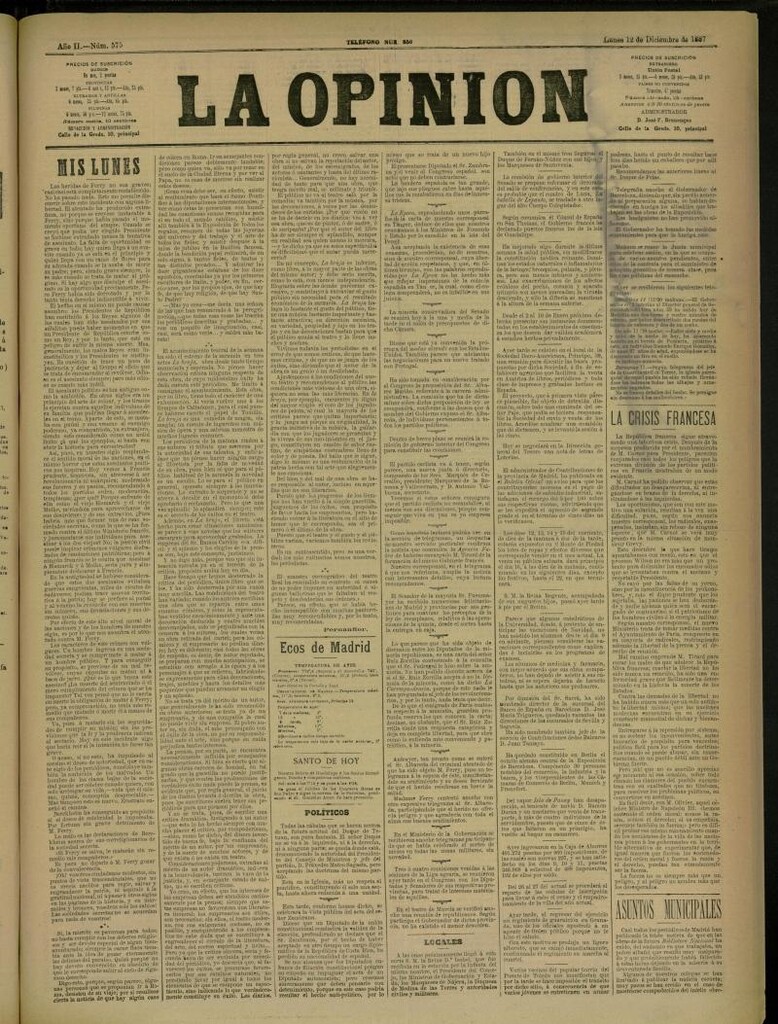 Miniatura de La Opinión del 12 de diciembre de 1887, nº 575