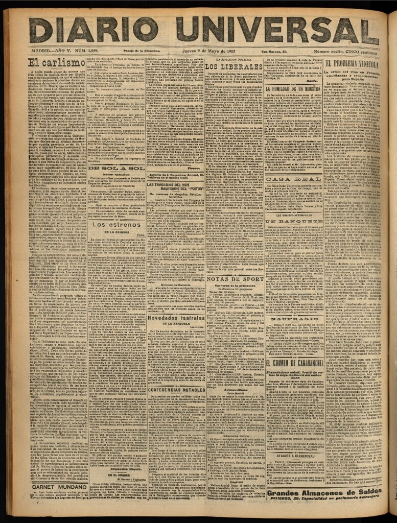 Miniatura de Diario Universal del 9 de mayo de 1907, edición de noche