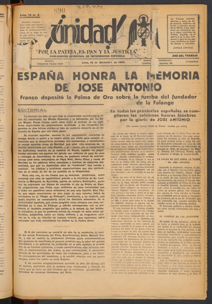 Miniatura de ¡Unidad! : órgano quincenal de la delegación de F.E.T. de las J.O.N.S. del 15 de diciembre de 1940