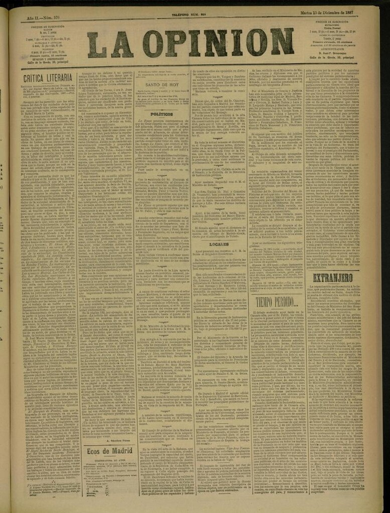 Miniatura de La Opinión del 13 de diciembre de 1887, nº 576