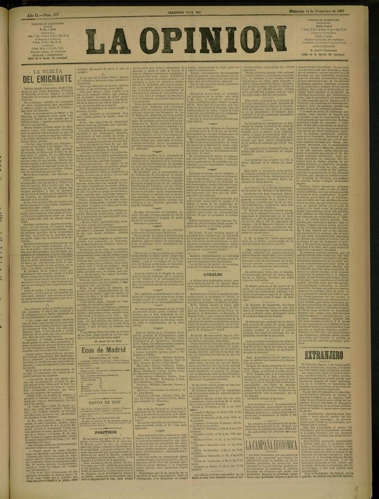 Miniatura de La Opinión del 14 de diciembre de 1887, nº 577