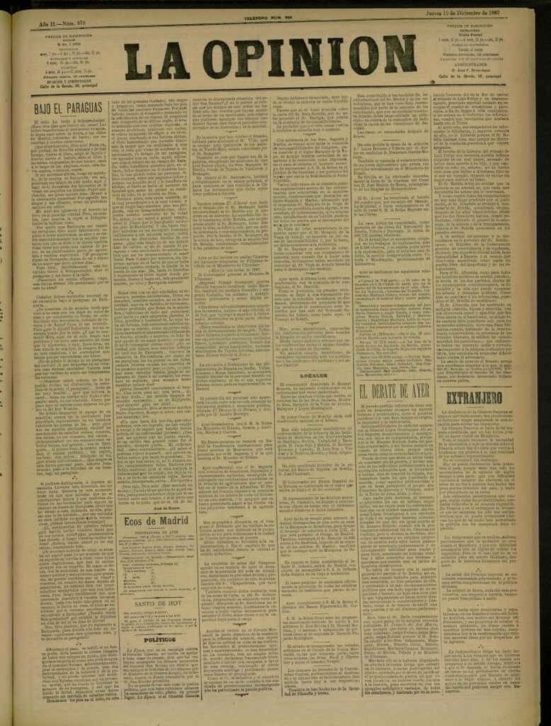 Miniatura de La Opinión del 15 de diciembre de 1887, nº 578