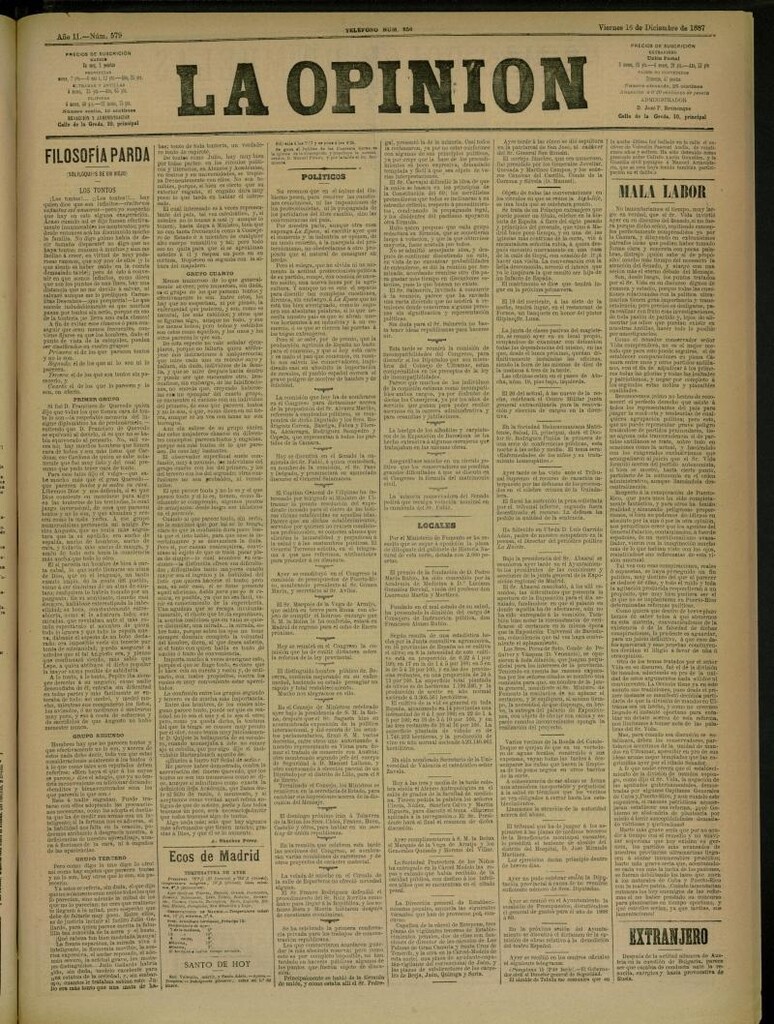 Miniatura de La Opinión del 16 de diciembre de 1887, nº 579