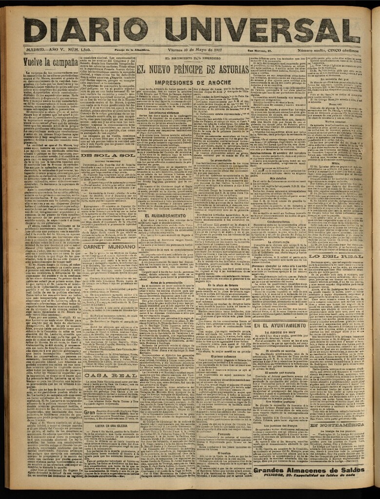 Miniatura de Diario Universal del 10 de mayo de 1907, edición de tarde