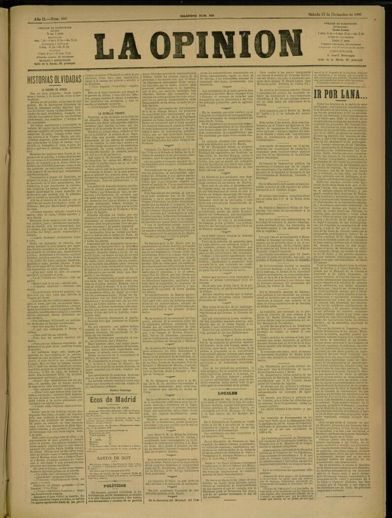 Miniatura de La Opinión del 17 de diciembre de 1887, nº 580