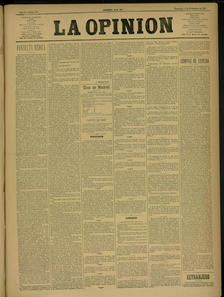 Miniatura de La Opinión del 18 de diciembre de 1887, nº 581