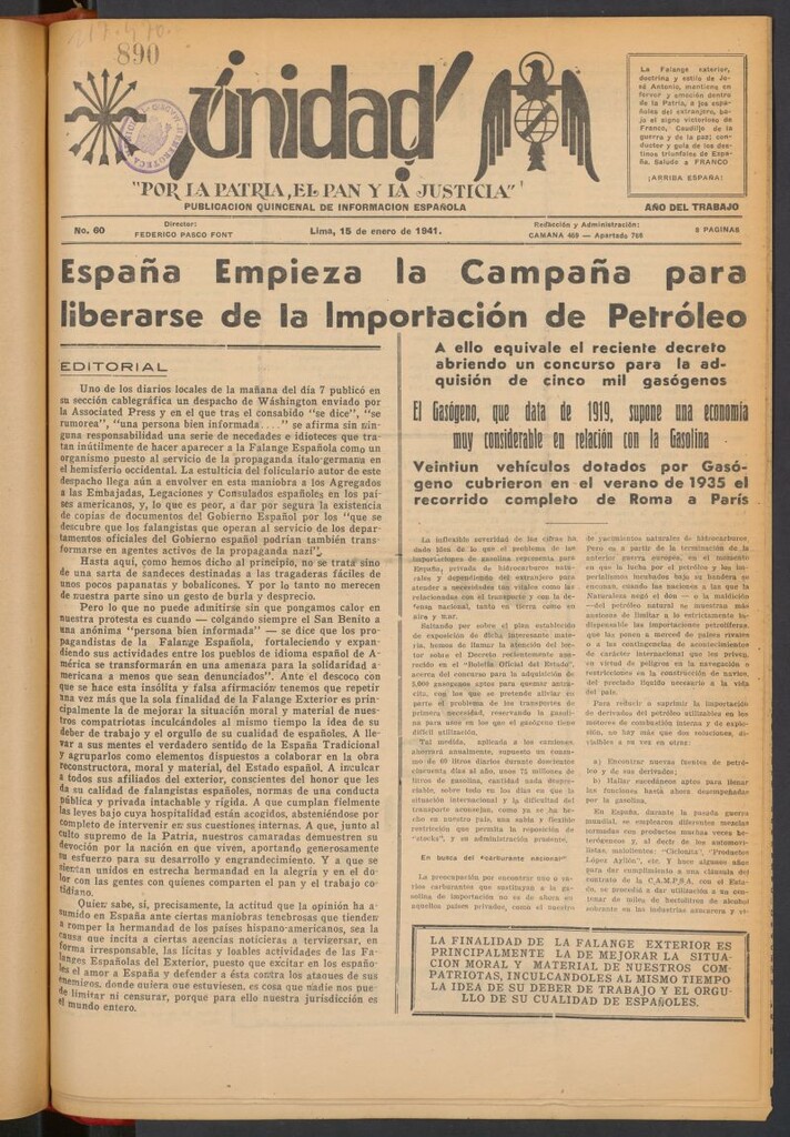 Miniatura de ¡Unidad! : órgano quincenal de la delegación de F.E.T. de las J.O.N.S. del 15 de enero de 1941