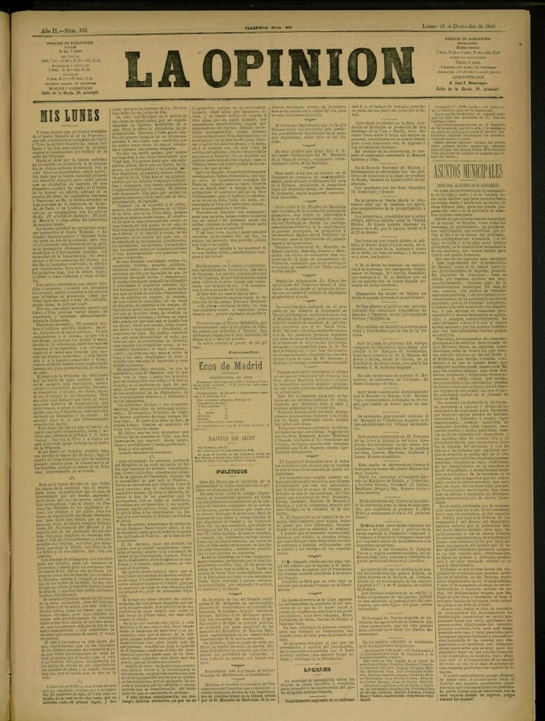 Miniatura de La Opinión del 19 de diciembre de 1887, nº 582