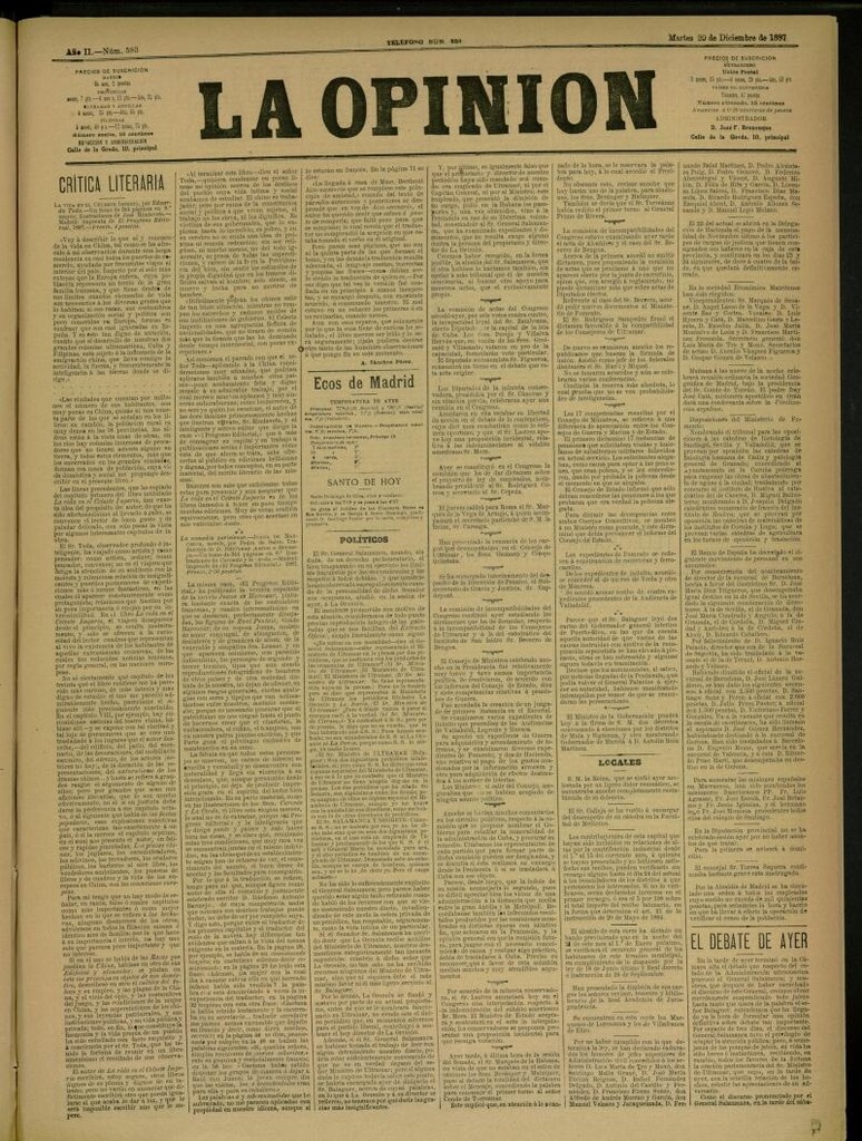 Miniatura de La Opinión del 20 de diciembre de 1887, nº 583