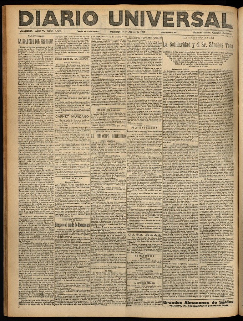 Miniatura de Diario Universal del 12 de mayo de 1907, edición de noche