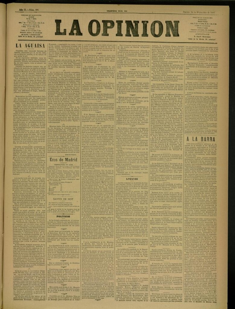 Miniatura de La Opinión del 22 de diciembre de 1887, nº 585