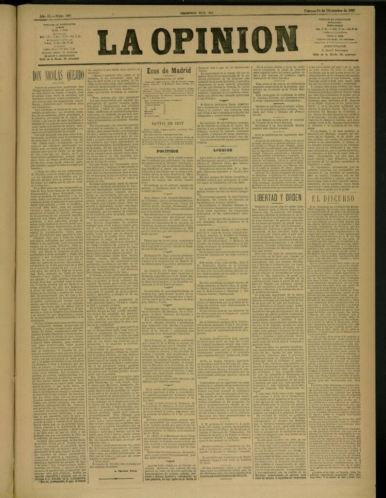 Miniatura de La Opinión del 23 de diciembre de 1887, nº 586